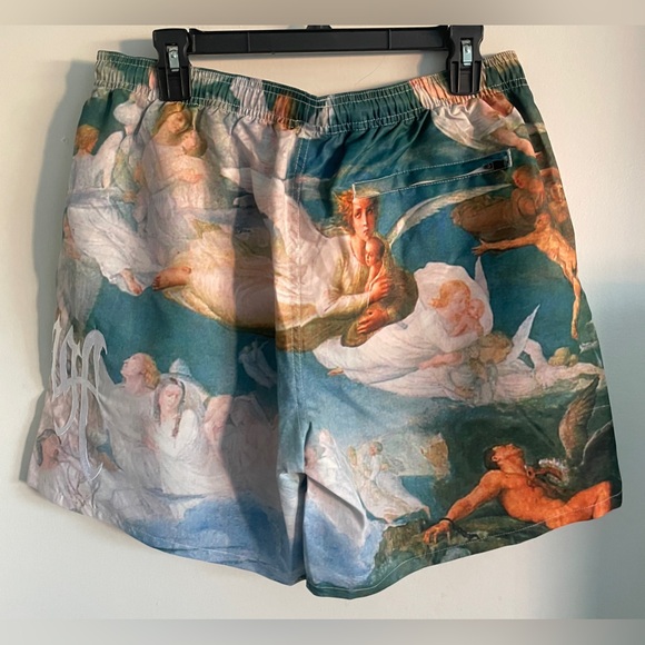 New LARGE 32W-34W REVENGE ANGEL Art Graphic embroidered swim Utility shorts - Picture 3 of 6